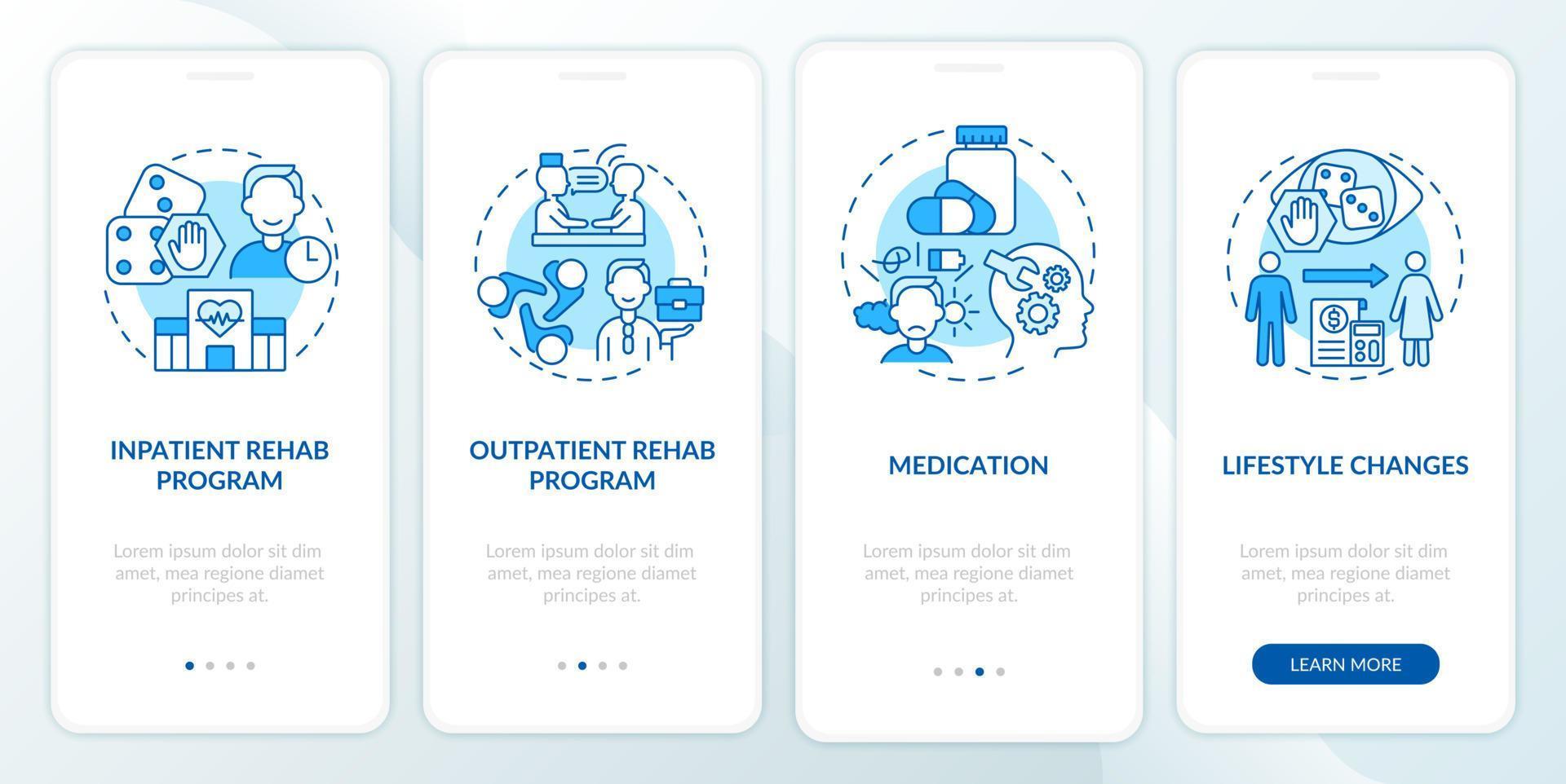 Gambling addiction treatment blue onboarding mobile app screen. Rehab walkthrough 4 steps graphic instructions pages with linear concepts. UI, UX, GUI template. Myriad Pro-Bold, Regular fonts used vector