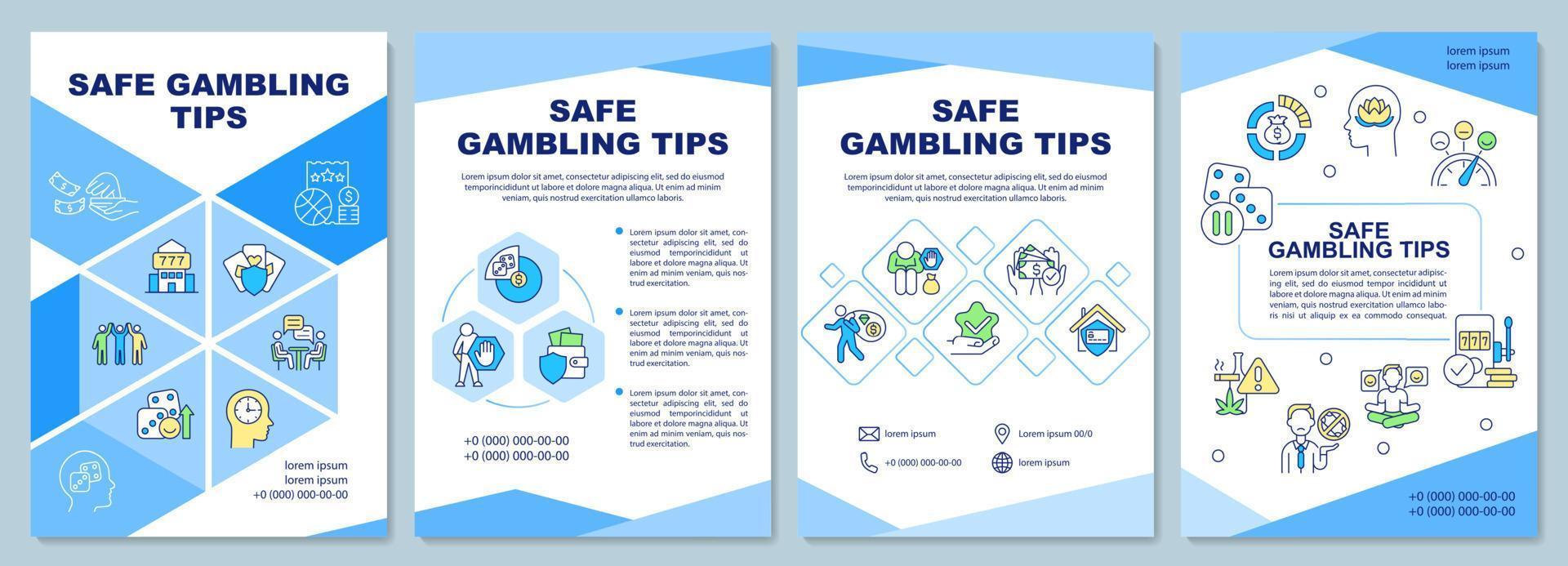 Safe gambling tips blue brochure template. Comfort and rest. Booklet print design with linear icons. Vector layouts for presentation, annual reports, ads. Arial-Black, Myriad Pro-Regular fonts used