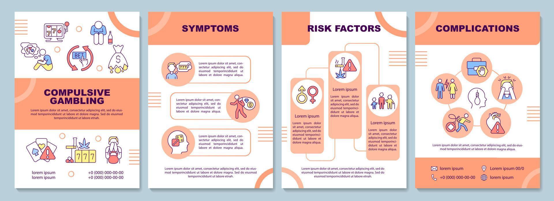Gambling addiction orange brochure template. Mental disorder. Booklet print design with linear icons. Vector layouts for presentation, annual reports, ads. Arial-Black, Myriad Pro-Regular fonts used
