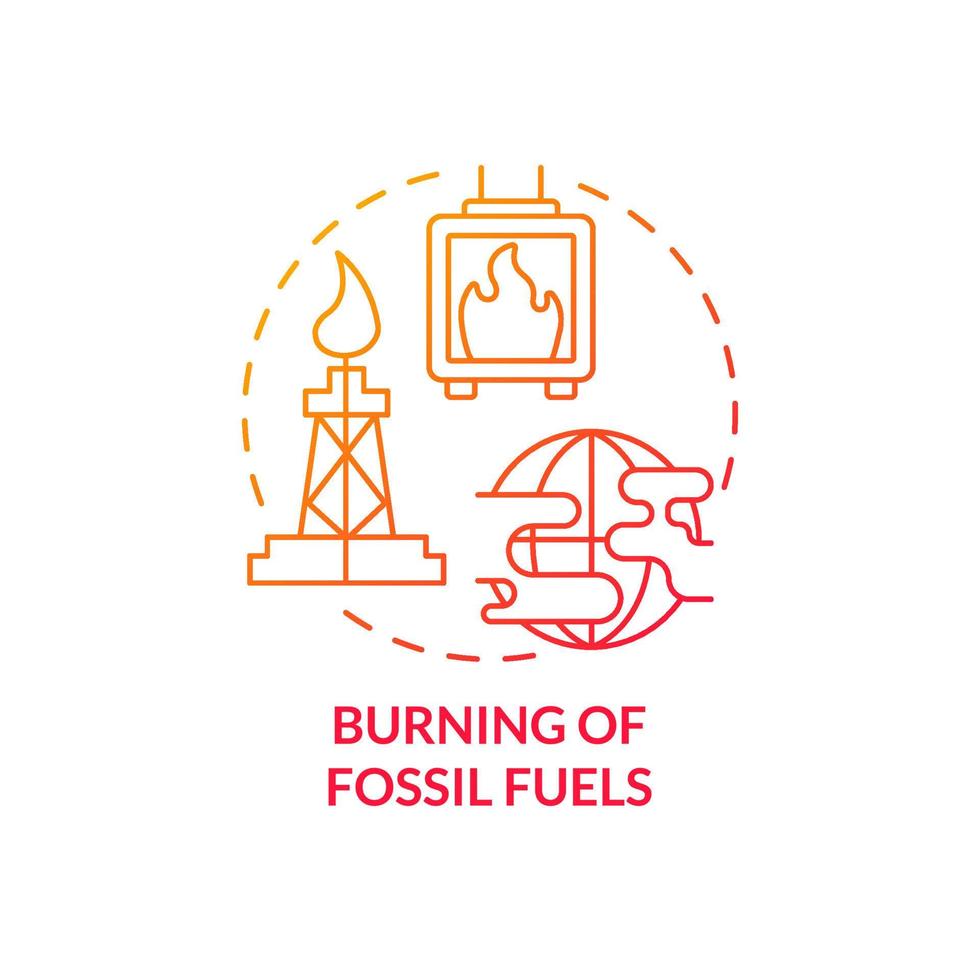 Burning of fossil fuels red gradient concept icon. Reasons for climate change abstract idea thin line illustration. Isolated outline drawing. Editable stroke. Roboto-Medium, Myriad Pro-Bold fonts used vector