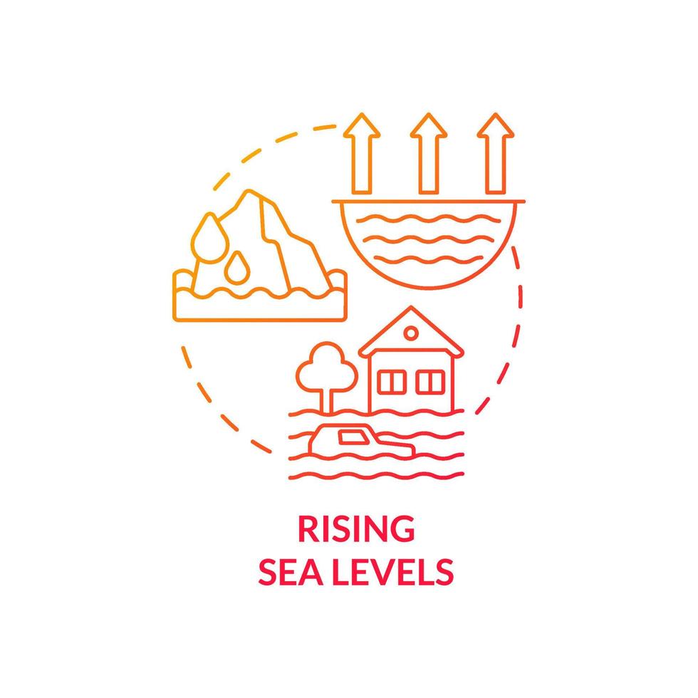 Rising sea levels red gradient concept icon. Effects of climate change abstract idea thin line illustration. Isolated outline drawing. Editable stroke. Roboto-Medium, Myriad Pro-Bold fonts used vector