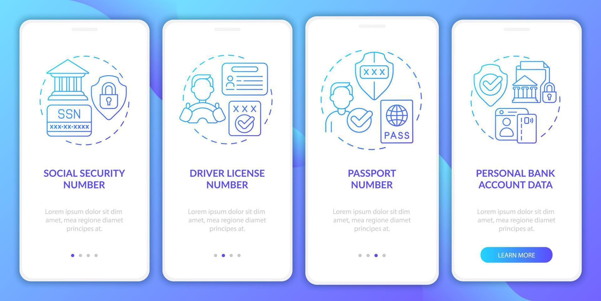 Highly sensitive data blue gradient onboarding mobile app screen. Walkthrough 4 steps graphic instructions pages with linear concepts. UI, UX, GUI template. Myriad Pro-Bold, Regular fonts used vector