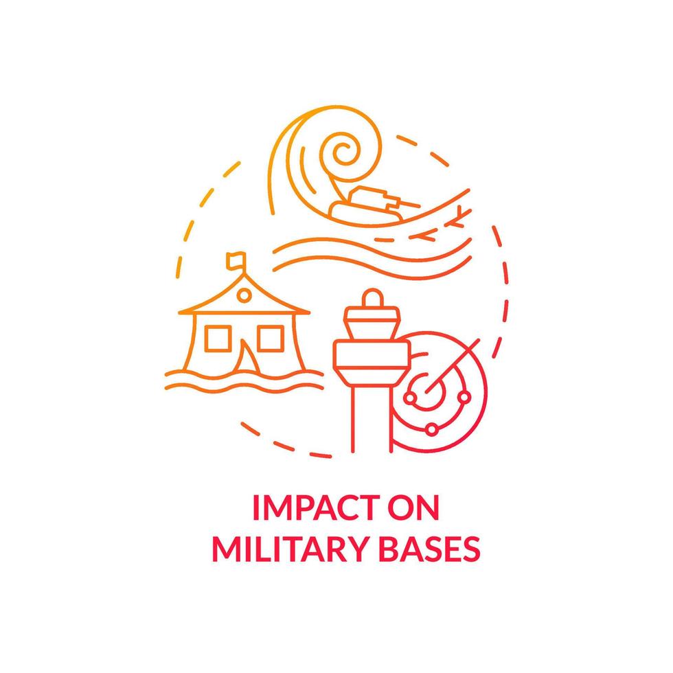 Impact on military bases red gradient concept icon. Climate change effect abstract idea thin line illustration. Isolated outline drawing. Editable stroke. Roboto-Medium, Myriad Pro-Bold fonts used vector