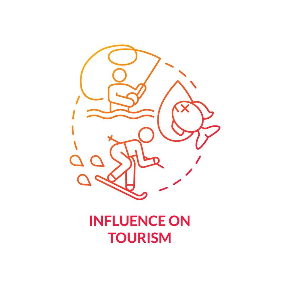 Influence on tourism red gradient concept icon. Climate change effect abstract idea thin line illustration. Isolated outline drawing. Editable stroke. Roboto-Medium, Myriad Pro-Bold fonts used vector