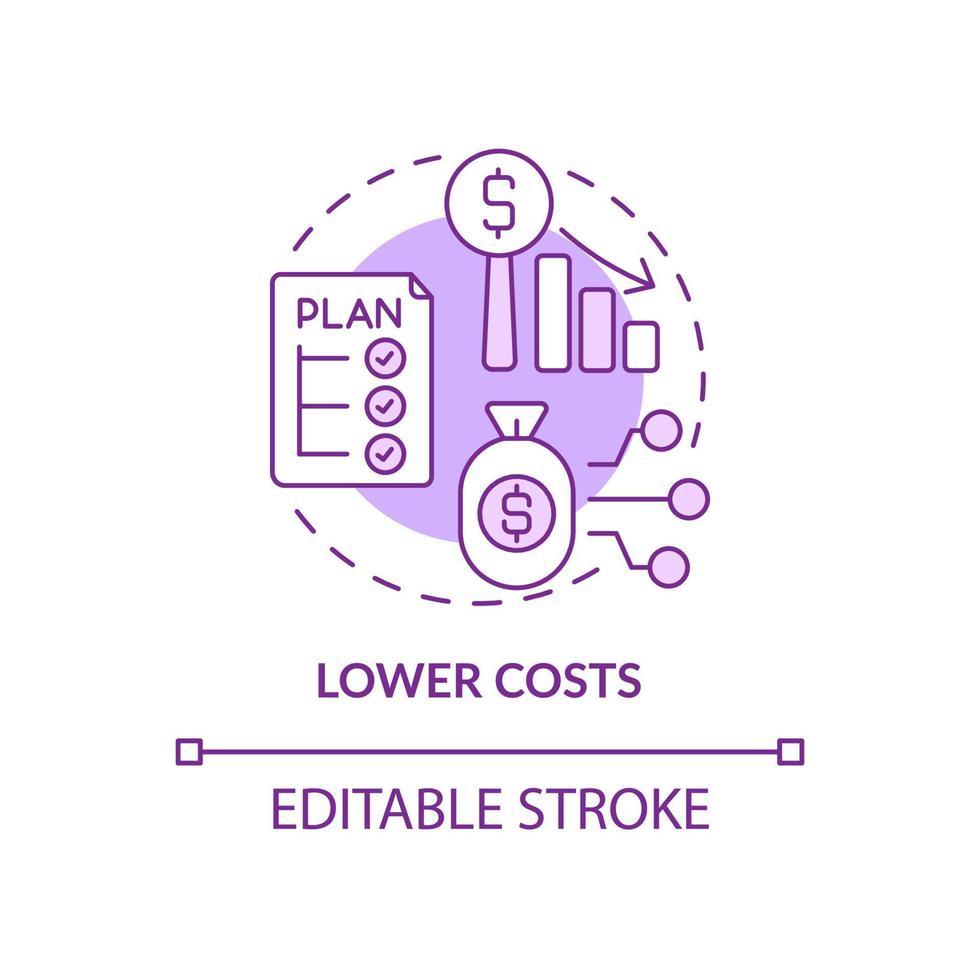 Lower costs purple concept icon. Strategy to decrease price for technology. Web 3 0 abstract idea thin line illustration. Isolated outline drawing. Editable stroke. Arial, Myriad Pro-Bold fonts used vector