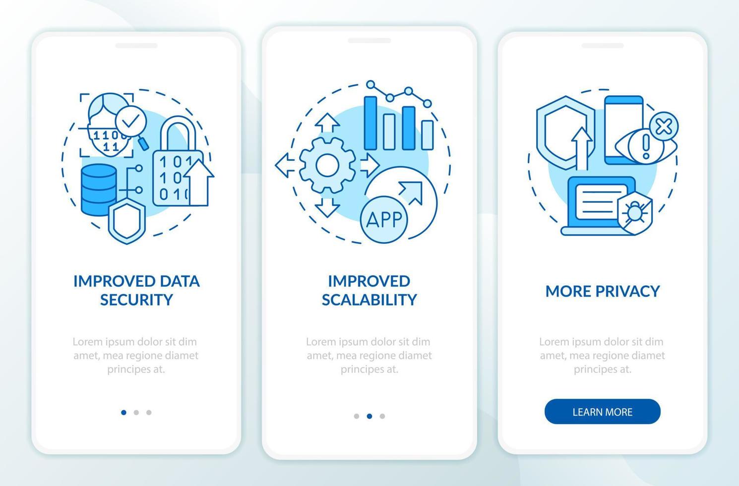 web 3 0 beneficia la pantalla azul de la aplicación móvil de incorporación. sin opción de código tutorial 3 pasos páginas de instrucciones gráficas con conceptos lineales. interfaz de usuario, ux, plantilla de interfaz gráfica de usuario. innumerables fuentes pro-negrita y regulares utilizadas vector