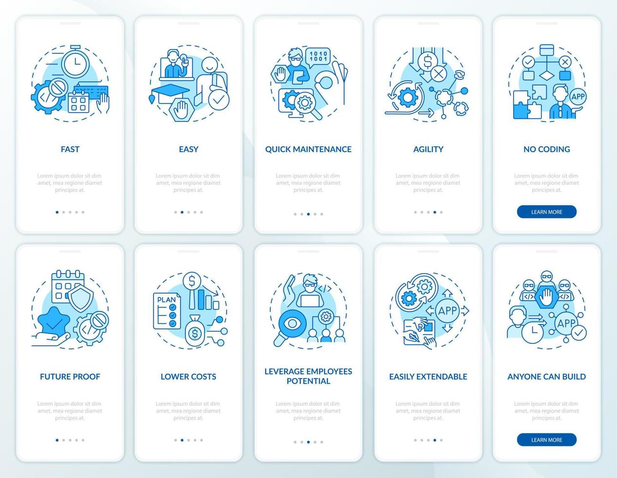 Web 3 0 blue onboarding mobile app screen set. Low code solution walkthrough 5 steps graphic instructions pages with linear concepts. UI, UX, GUI template. Myriad Pro-Bold, Regular fonts used vector