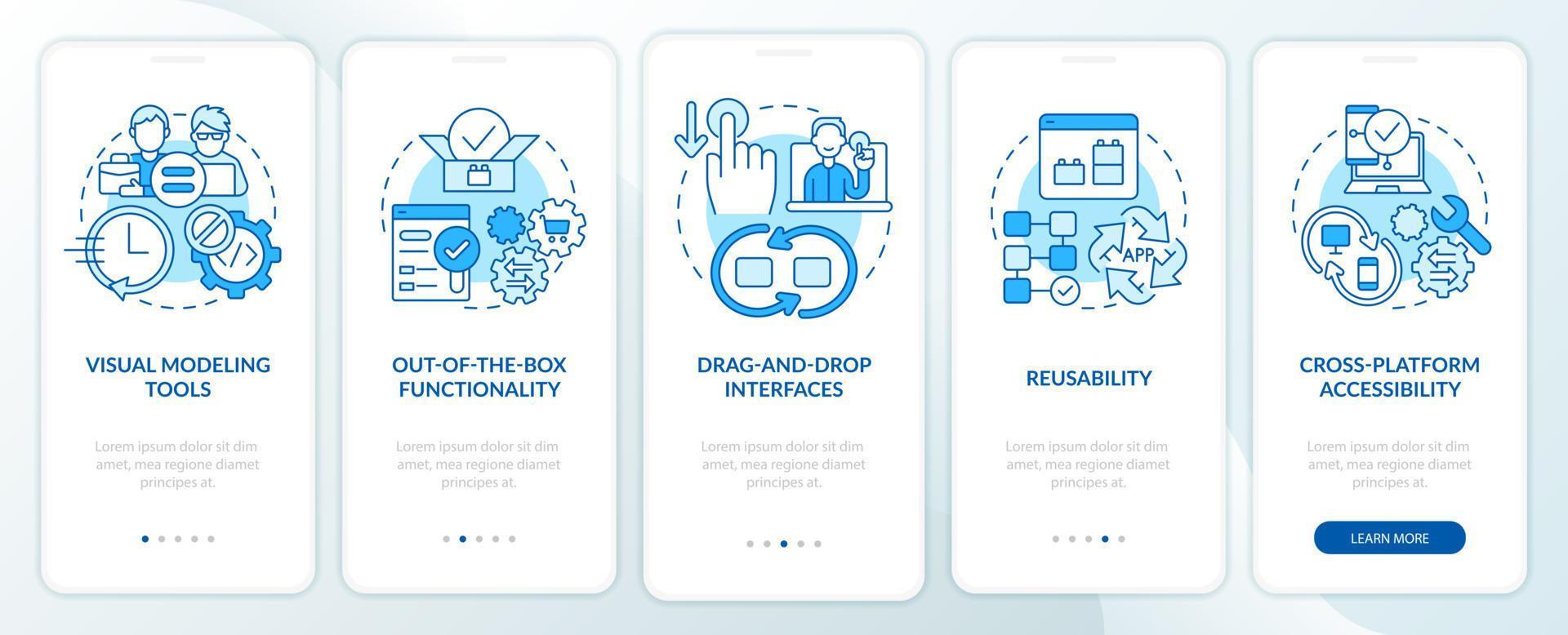 Low code platforms features blue onboarding mobile app screen. Web 3 0 walkthrough 5 steps graphic instructions pages with linear concepts. UI, UX, GUI template. Myriad Pro-Bold, Regular fonts used vector