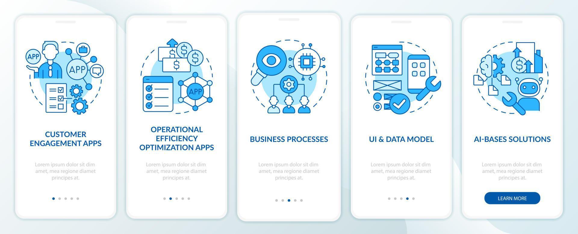 aplicaciones creadas con la pantalla de aplicación móvil de incorporación azul de la plataforma de código bajo. tutorial web páginas de instrucciones gráficas de 5 pasos con conceptos lineales. interfaz de usuario, ux, plantilla de interfaz gráfica de usuario. innumerables fuentes pro-negrita y regulares utilizadas vector