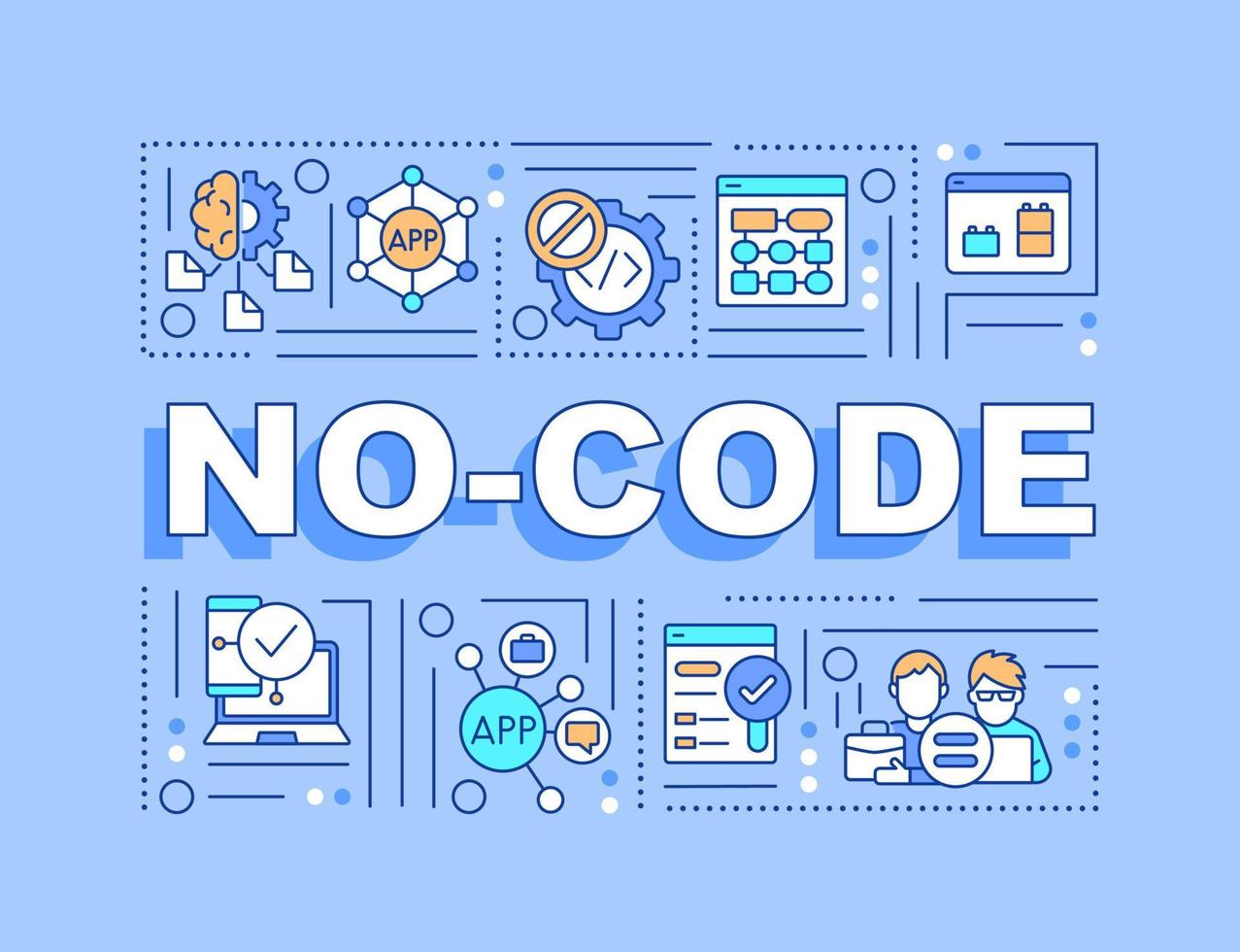 No code word concepts blue banner. Web 3 0 solutions for apps Infographics with linear icons on background. Isolated typography. Vector color illustration with text. Arial-Black font used
