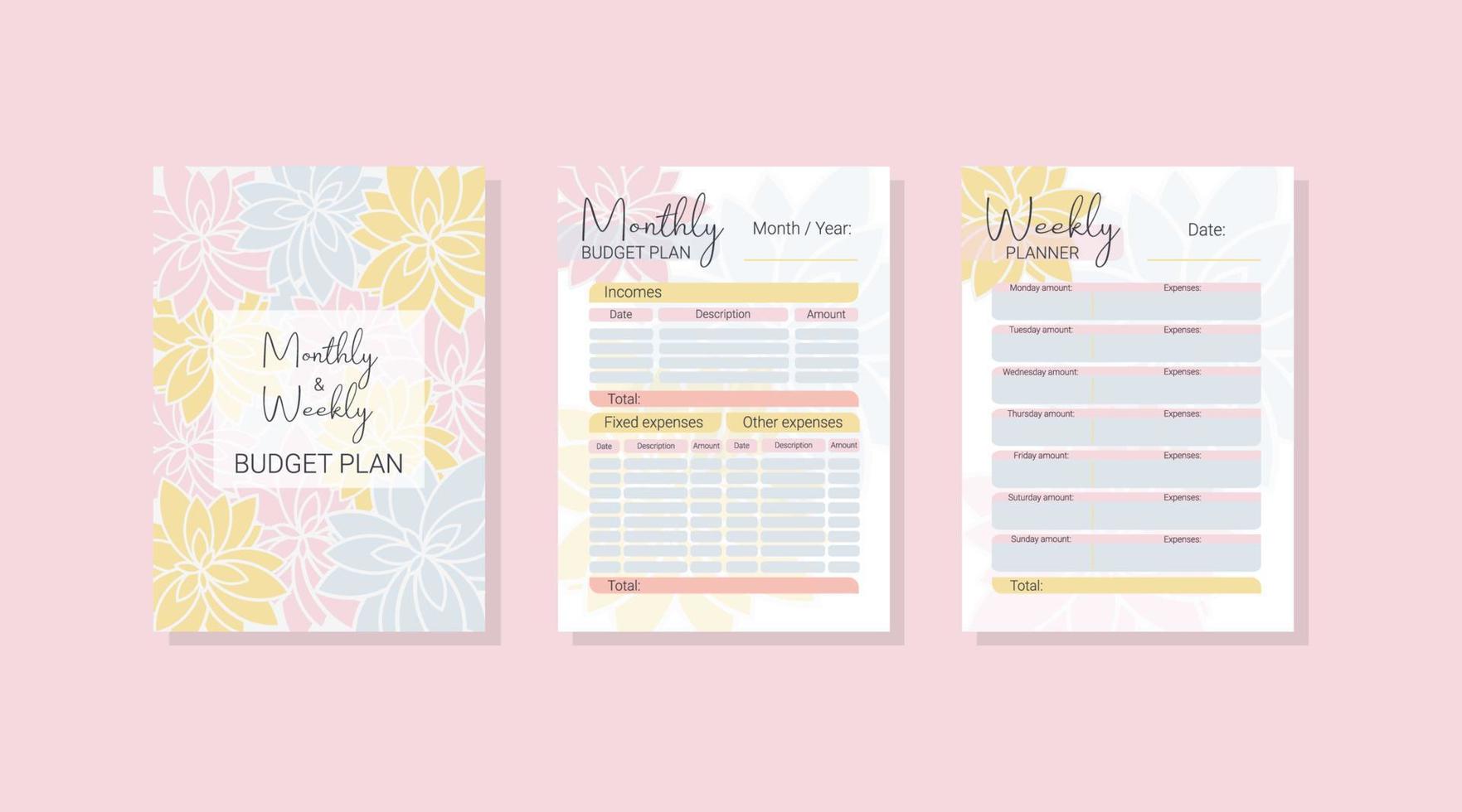 Monthly, weekly budget planner. Planner cover. Format A4. Business management logbook. Task planner checklist. Vector graphic set for budget organization.