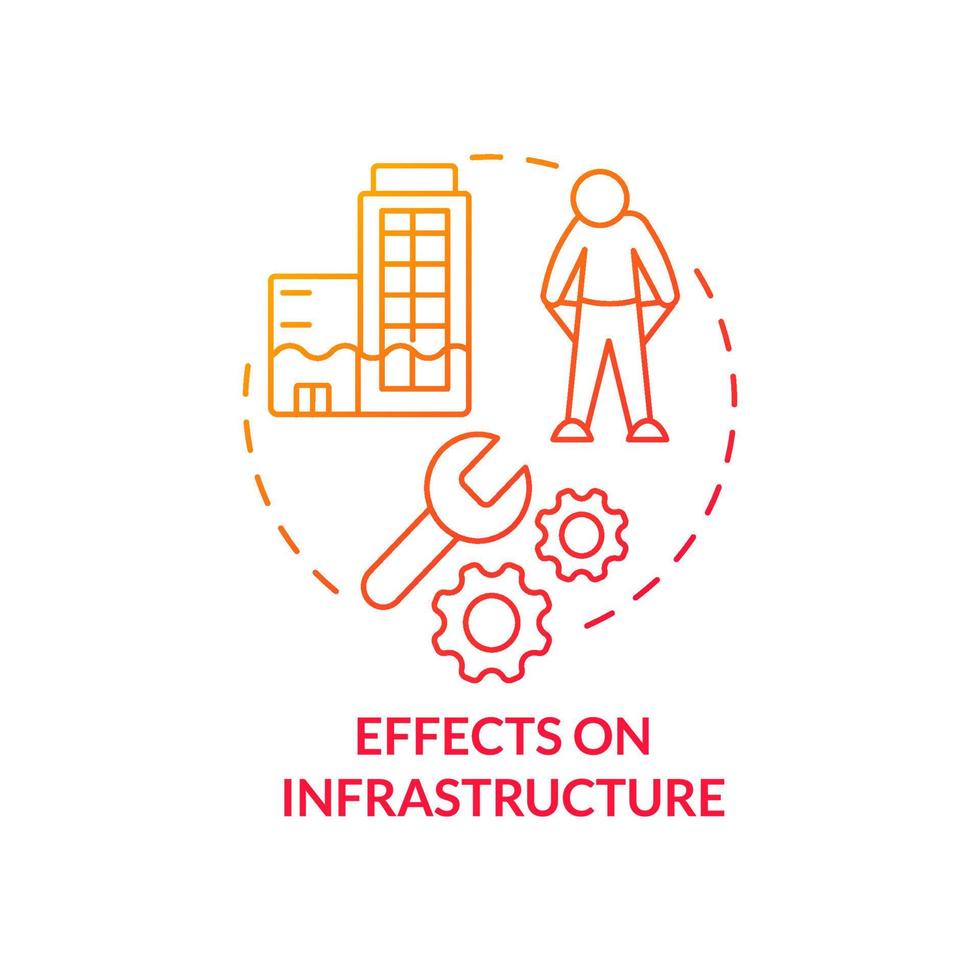 Effects on infrastructure red gradient concept icon. Climate change effect abstract idea thin line illustration. Isolated outline drawing. Editable stroke. Roboto-Medium, Myriad Pro-Bold fonts used vector