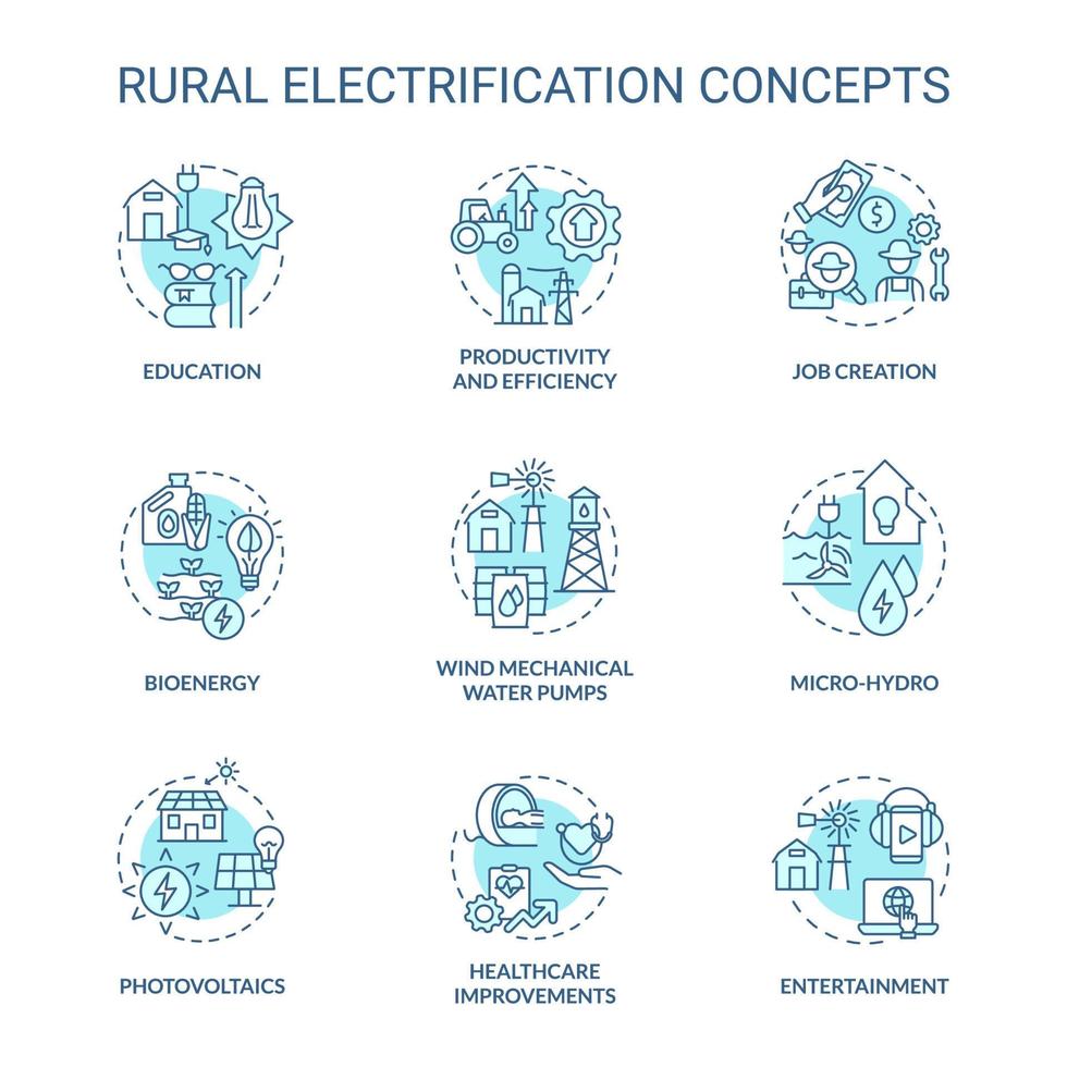 Rural electrification turquoise concept icons set. Electricity and lighting idea thin line color illustrations. Isolated outline drawings. Editable stroke. Roboto-Medium, Myriad Pro-Bold fonts used vector