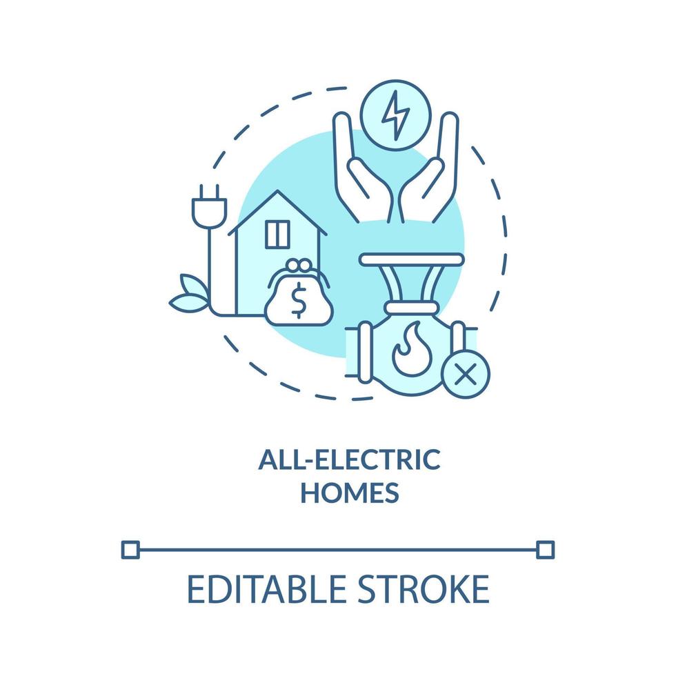 All electric homes turquoise concept icon. Benefits of electrification abstract idea thin line illustration. Isolated outline drawing. Editable stroke. Roboto-Medium, Myriad Pro-Bold fonts used vector