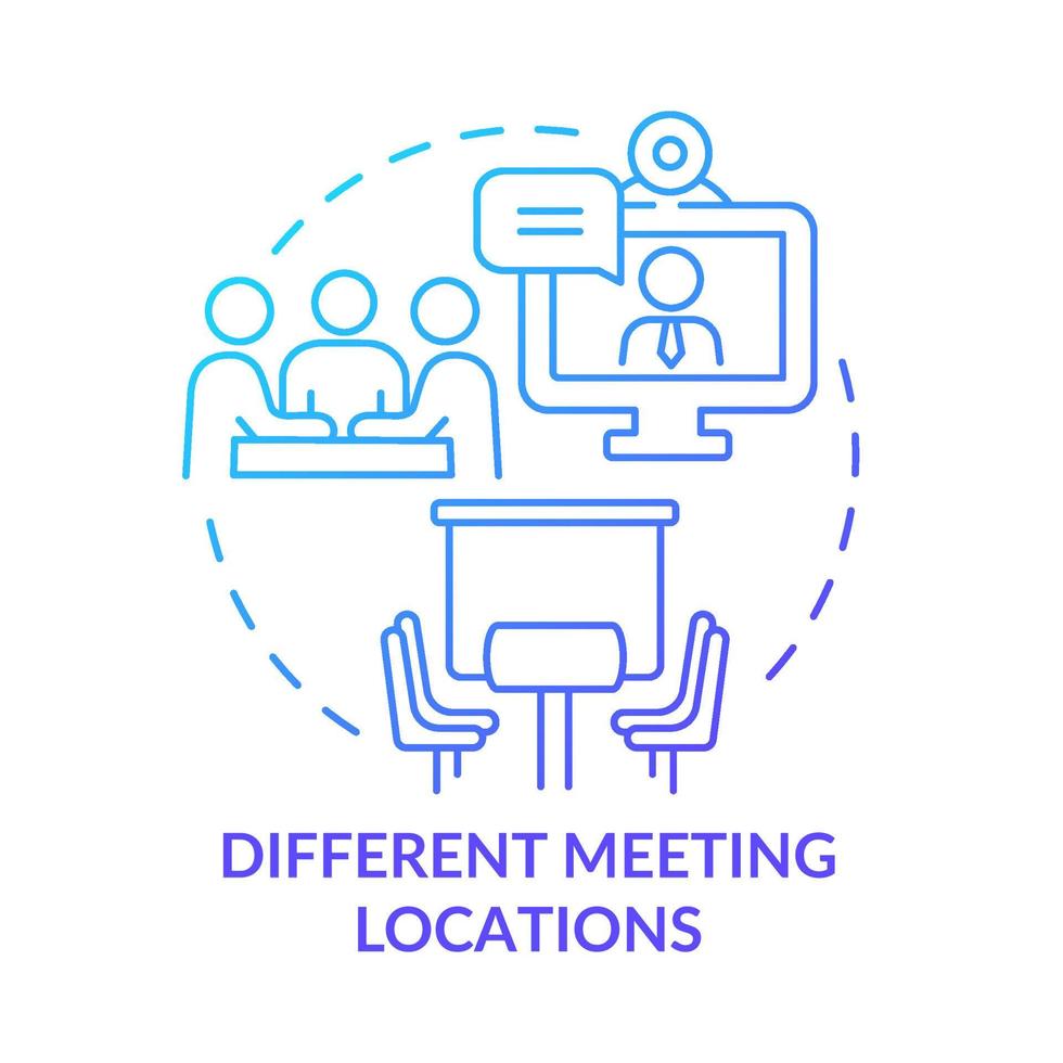 Different meeting locations blue gradient concept icon. Teamwork productivity boosting abstract idea thin line illustration. Isolated outline drawing. Roboto-Medium, Myriad Pro-Bold fonts used vector