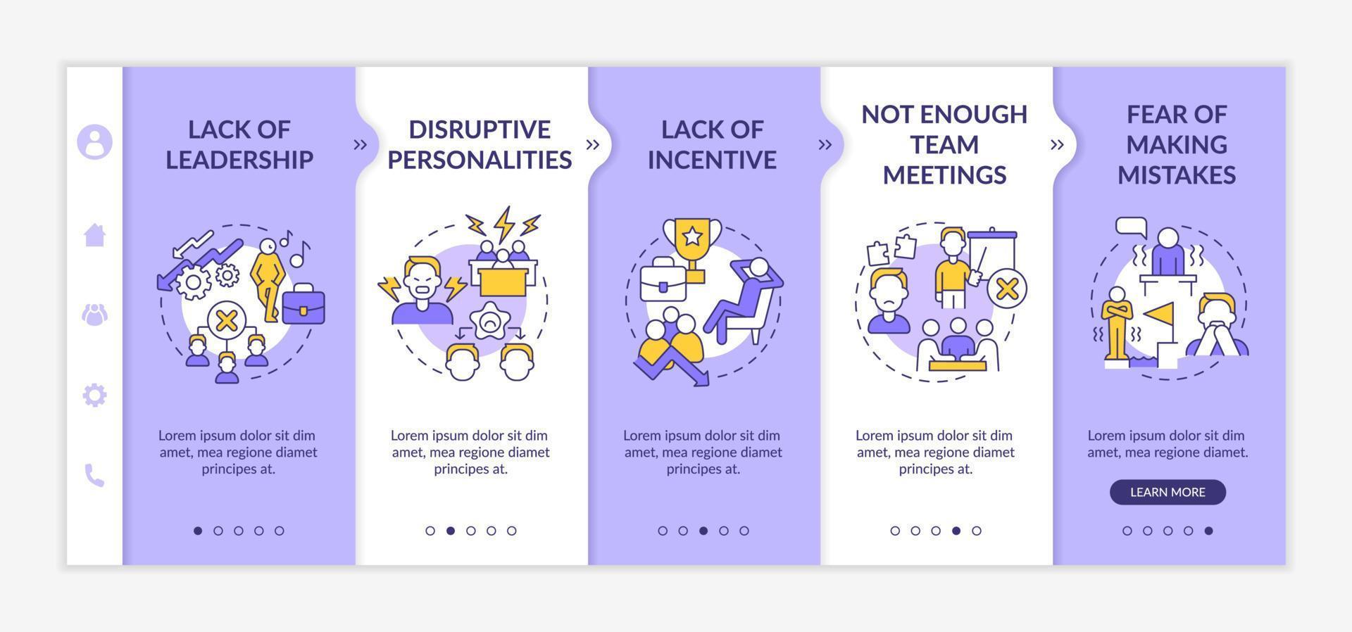 Teamwork fail reasons purple and white onboarding template. Non productive work. Responsive mobile website with linear concept icons. Web page walkthrough 5 step screens. Lato-Bold, Regular fonts used vector