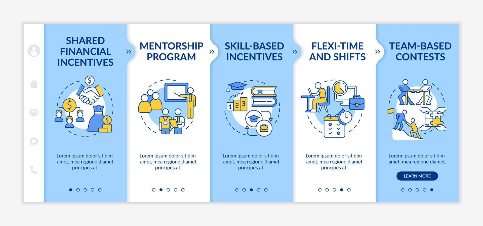 Incentivising teamwork blue and white onboarding template. Workers motivation. Responsive mobile website with linear concept icons. Web page walkthrough 5 step screens. Lato-Bold, Regular fonts used vector