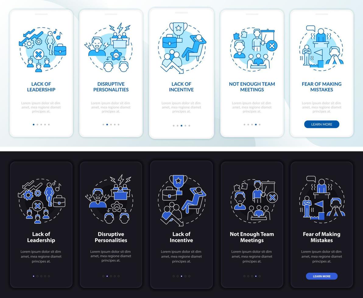 el trabajo en equipo falla en el modo día y noche incorporando la pantalla de la aplicación móvil. Guía de problemas Páginas de instrucciones gráficas de 5 pasos con conceptos lineales. interfaz de usuario, ux, plantilla de interfaz gráfica de usuario. innumerables fuentes pro-negrita y regulares utilizadas vector