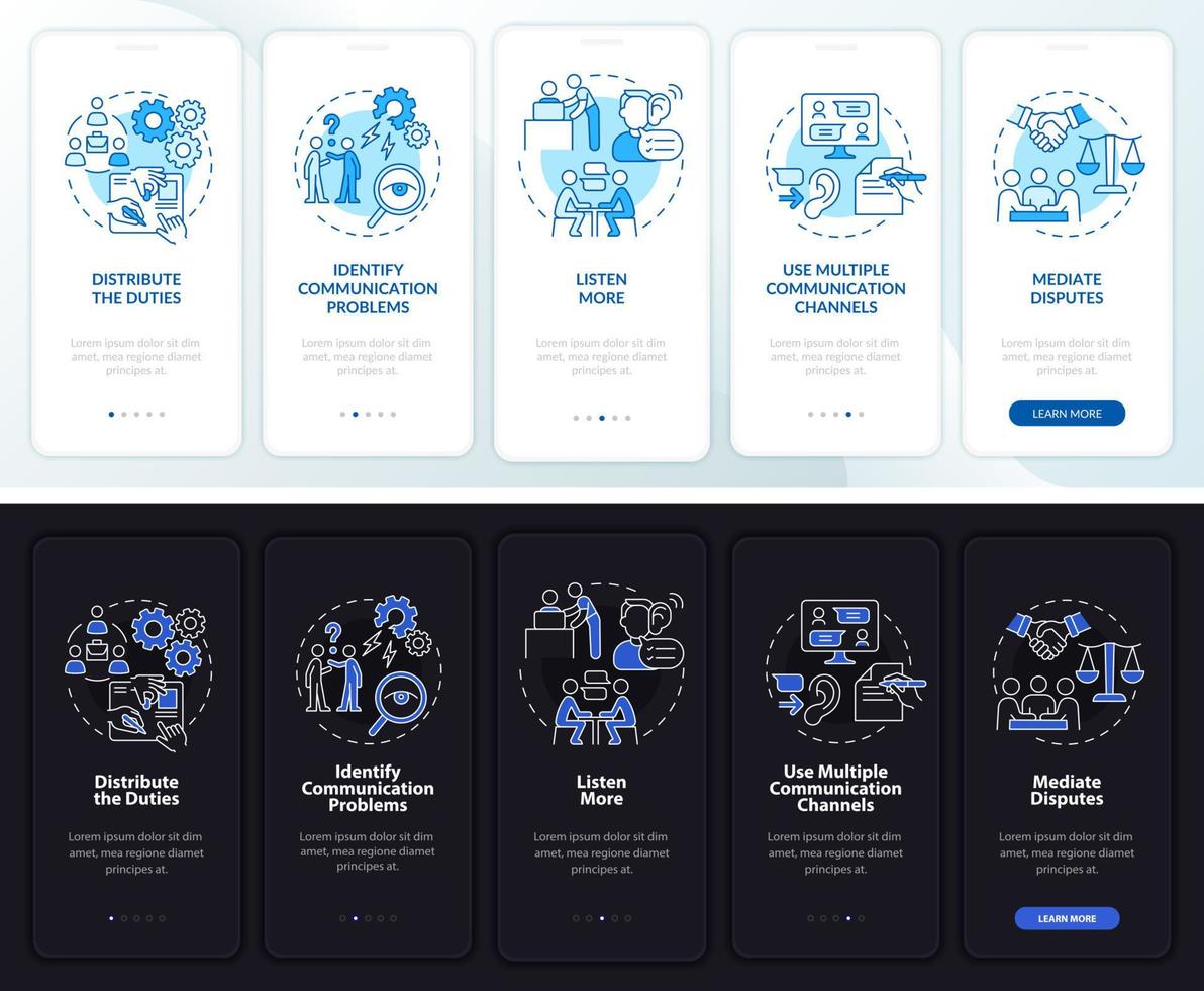 mejore el trabajo en equipo en el modo día y noche incorporando la pantalla de la aplicación móvil. tutorial de consejos 5 pasos páginas de instrucciones gráficas con conceptos lineales. interfaz de usuario, ux, plantilla de interfaz gráfica de usuario. innumerables fuentes pro-negrita y regulares utilizadas vector