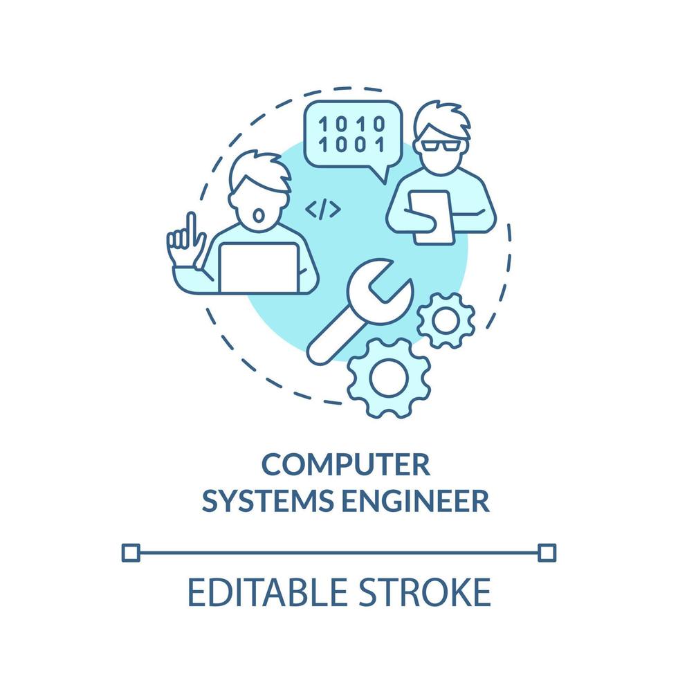 Computer systems engineer turquoise concept icon. Development position abstract idea thin line illustration. Isolated outline drawing. Editable stroke. Roboto-Medium, Myriad Pro-Bold fonts used vector