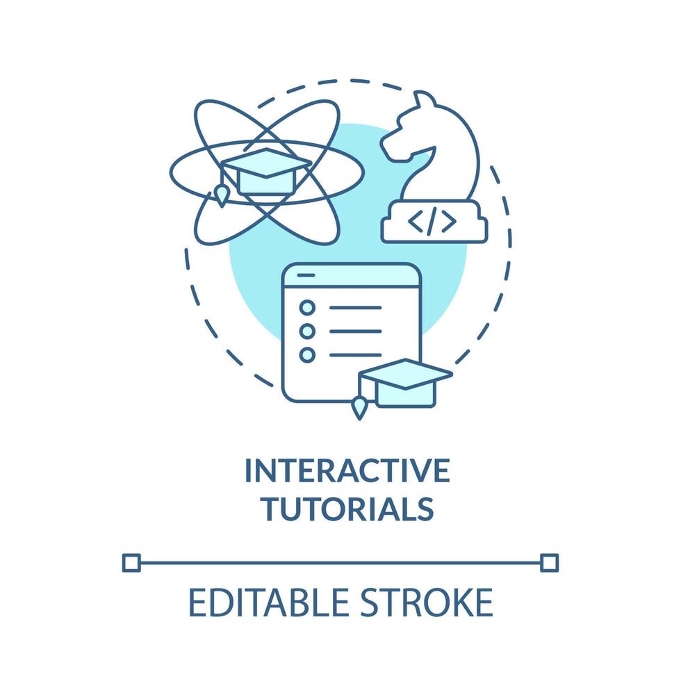 Interactive tutorials turquoise concept icon. Online class. Coding abstract idea thin line illustration. Isolated outline drawing. Editable stroke. Roboto-Medium, Myriad Pro-Bold fonts used vector