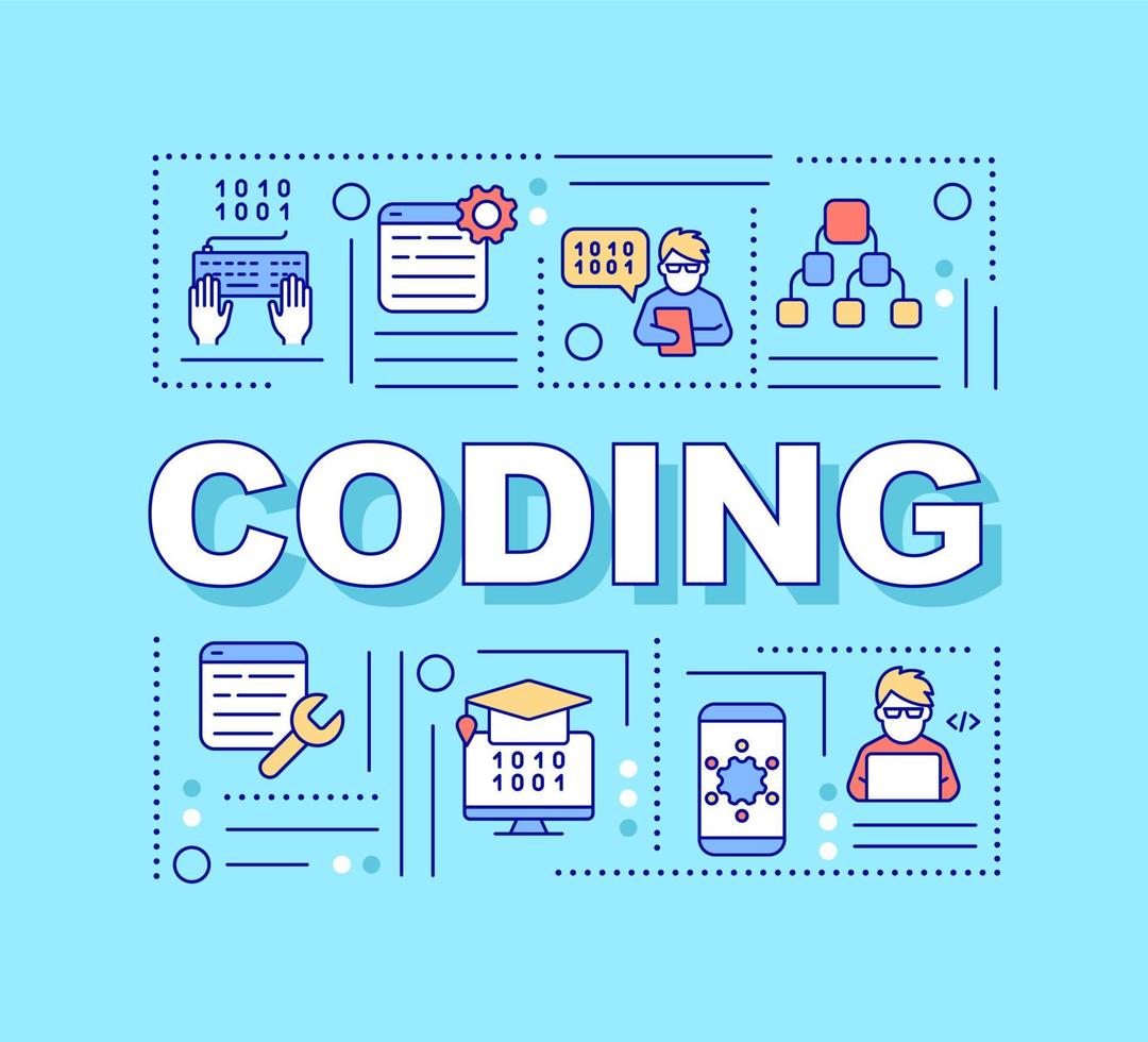 Coding word concepts turquoise banner. Software development. Infographics with linear icons on background. Isolated typography. Vector color illustration with text. Arial-Black font used