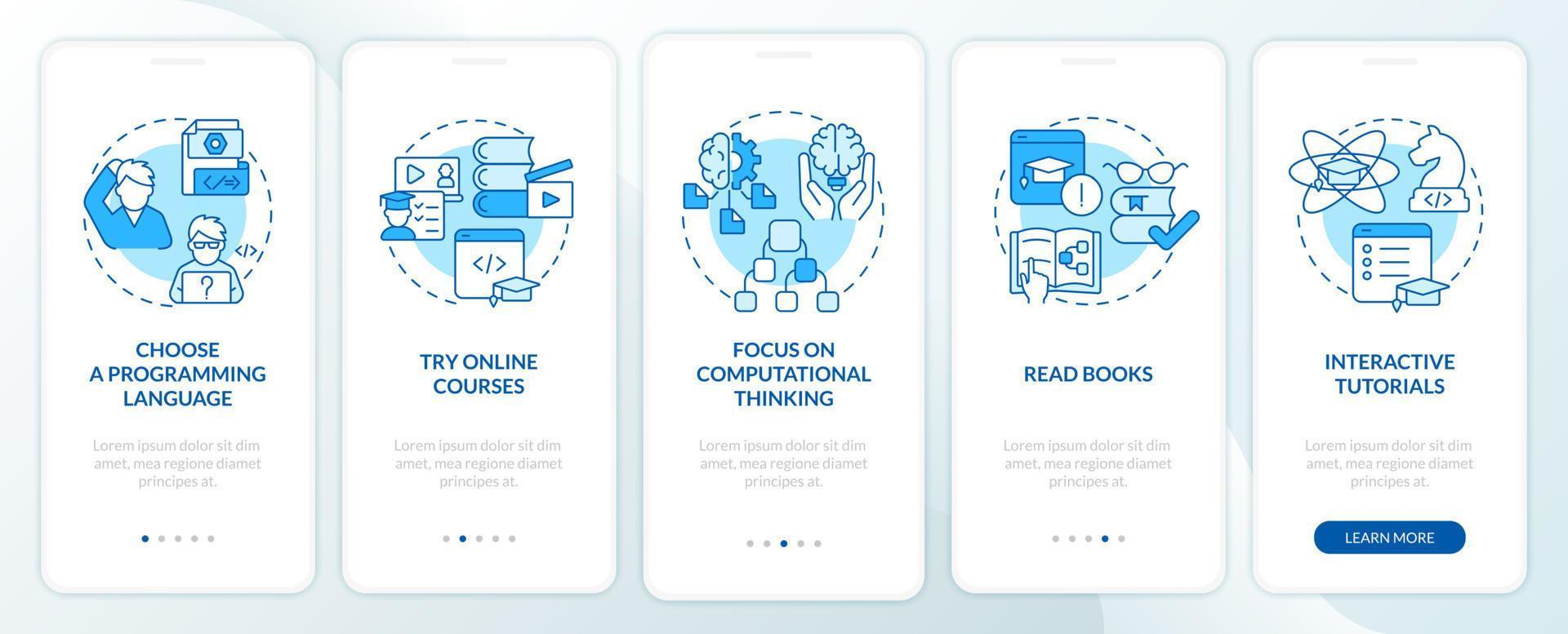 How to learn to code blue onboarding mobile app screen. Class walkthrough 5 steps graphic instructions pages with linear concepts. UI, UX, GUI template. Myriad Pro-Bold, Regular fonts used vector