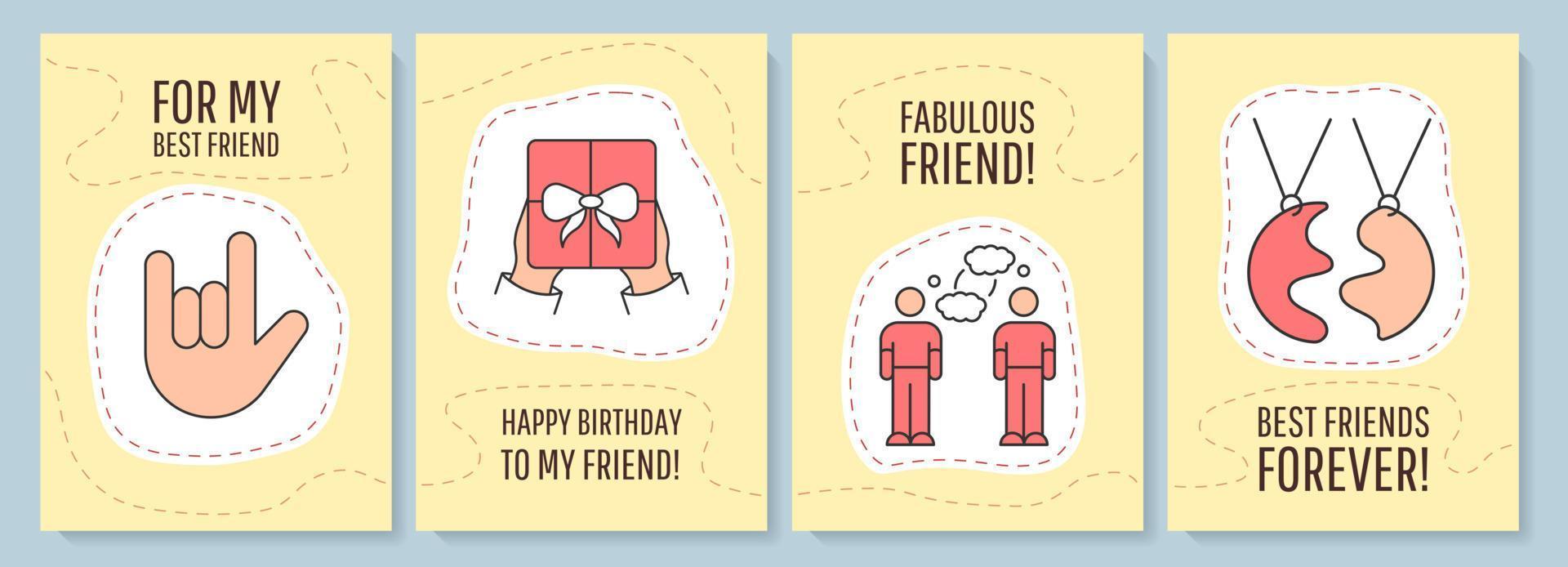 Friendship greeting card with color icon element set. Bond and relation with friend. Postcard vector design. Decorative flyer with creative illustration. Notecard with congratulatory message