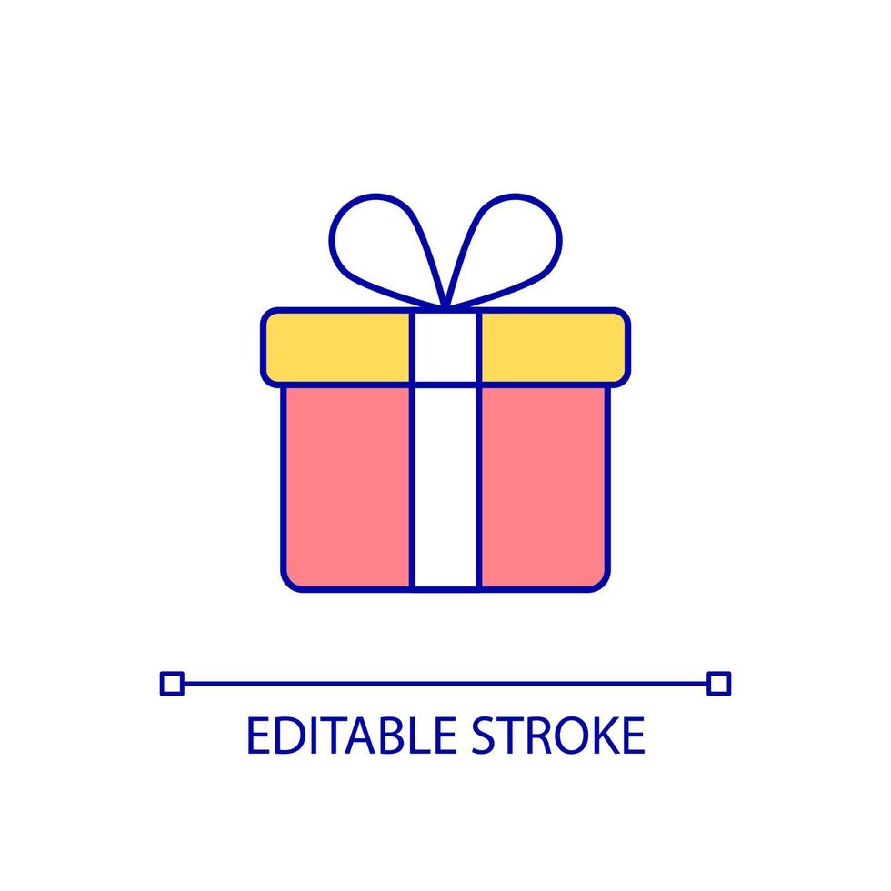 Gift RGB color icon. Birthday and anniversary present. Greetings and congratulations. Festive package. Isolated vector illustration. Simple filled line drawing. Editable stroke. Arial font used