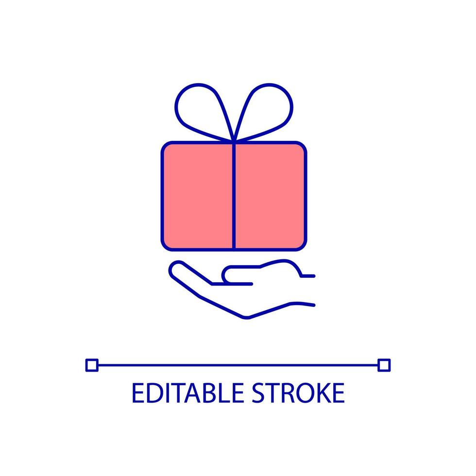 Give present RGB color icon. Perks, bonuses. Birthday and anniversary present. Greetings and congratulations. Isolated vector illustration. Simple filled line drawing. Editable stroke. Arial font used