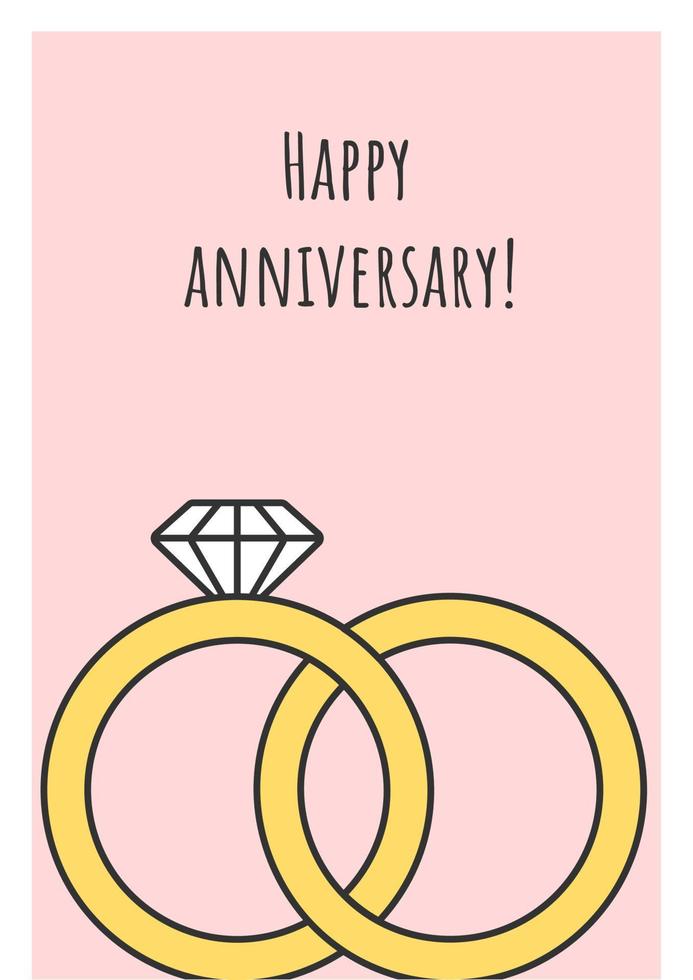 Happy marriage anniversary greeting card with color icon element. Engagement rings. Postcard vector design. Decorative flyer with creative illustration. Notecard with congratulatory message