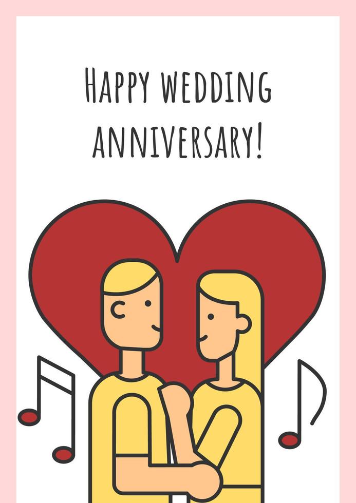 Happy wedding anniversary greeting card with color icon element. Marriage compliments. Postcard vector design. Decorative flyer with creative illustration. Notecard with congratulatory message