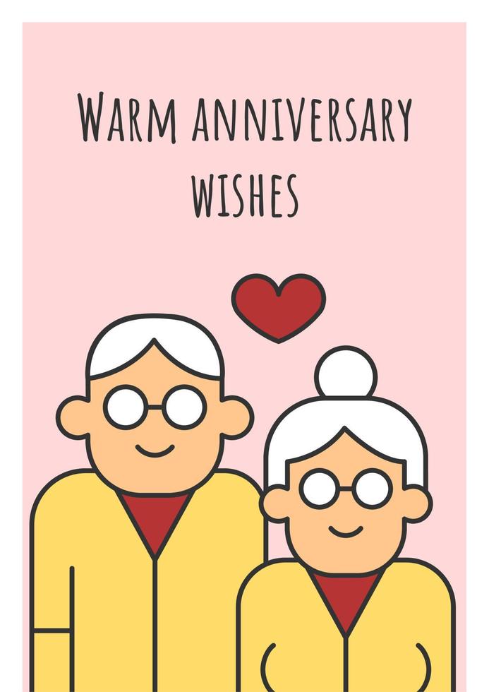 Cálida tarjeta de felicitación de deseos de aniversario con elemento de icono de color. marido y mujer. diseño vectorial de postal. volante decorativo con ilustración creativa. notecard con mensaje de felicitación vector