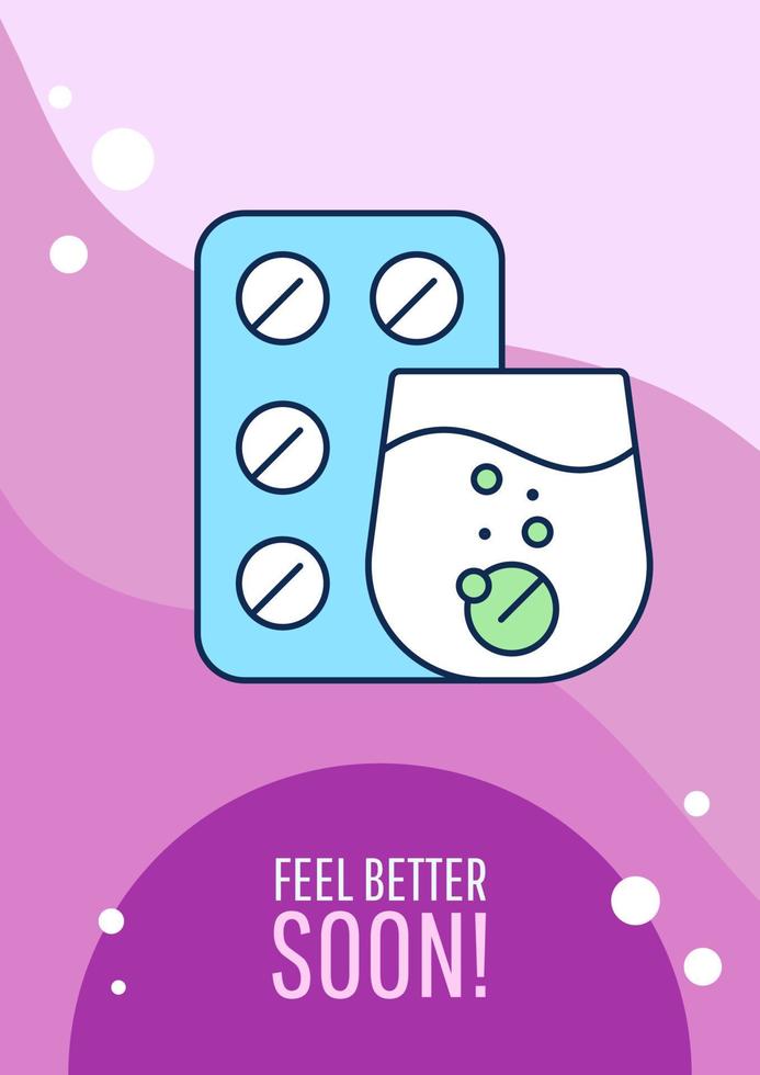 Feel better soon greeting card with color icon element. Get well. Recuperate quick. Postcard vector design. Decorative flyer with creative illustration. Notecard with congratulatory message