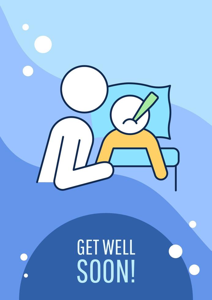 Get well soon greeting card with color icon element. Reassuring words for ill person. Postcard vector design. Decorative flyer with creative illustration. Notecard with congratulatory message