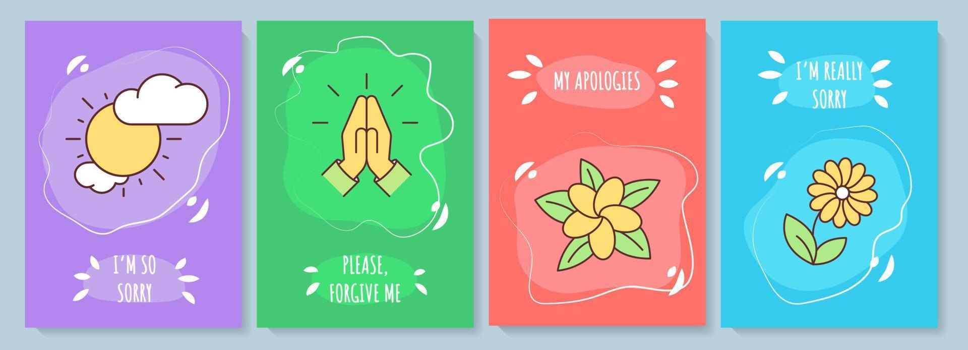 Sorry greeting card with color icon element set. Ask for forgiveness. Excuse and confession. Postcard vector design. Decorative flyer with creative illustration. Notecard with congratulatory message