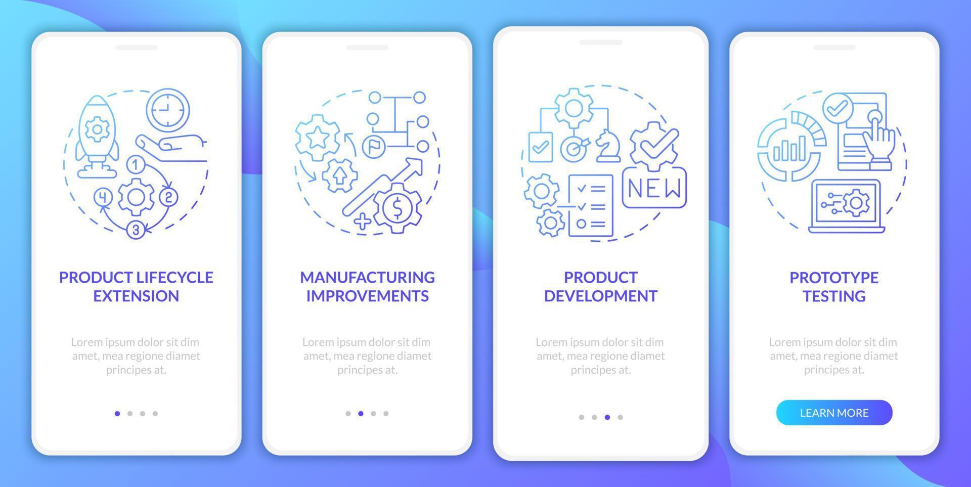 Digital twin tasks blue gradient onboarding mobile app screen. Walkthrough 4 steps graphic instructions pages with linear concepts. UI, UX, GUI template. Myriad Pro-Bold, Regular fonts used vector