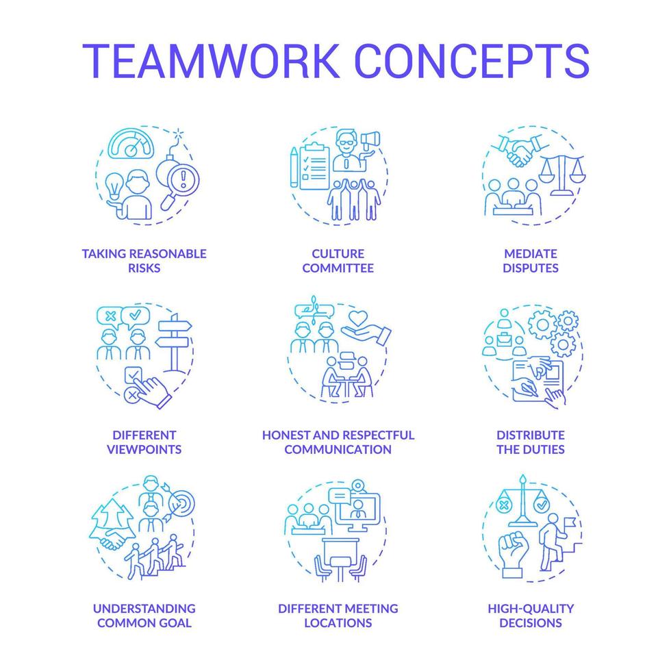 Teamwork blue gradient concept icons set. Successful collaboration. Employees coworking idea thin line color illustrations. Isolated outline drawings. Roboto-Medium, Myriad Pro-Bold fonts used vector