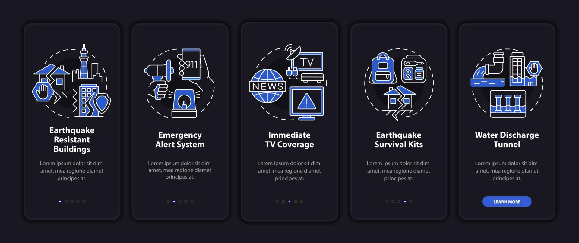 Earthquake mitigation strategies night mode onboarding mobile app screen. Walkthrough 5 steps graphic instructions pages with linear concepts. UI, UX, GUI template. Myriad Pro-Bold, Regular fonts used vector