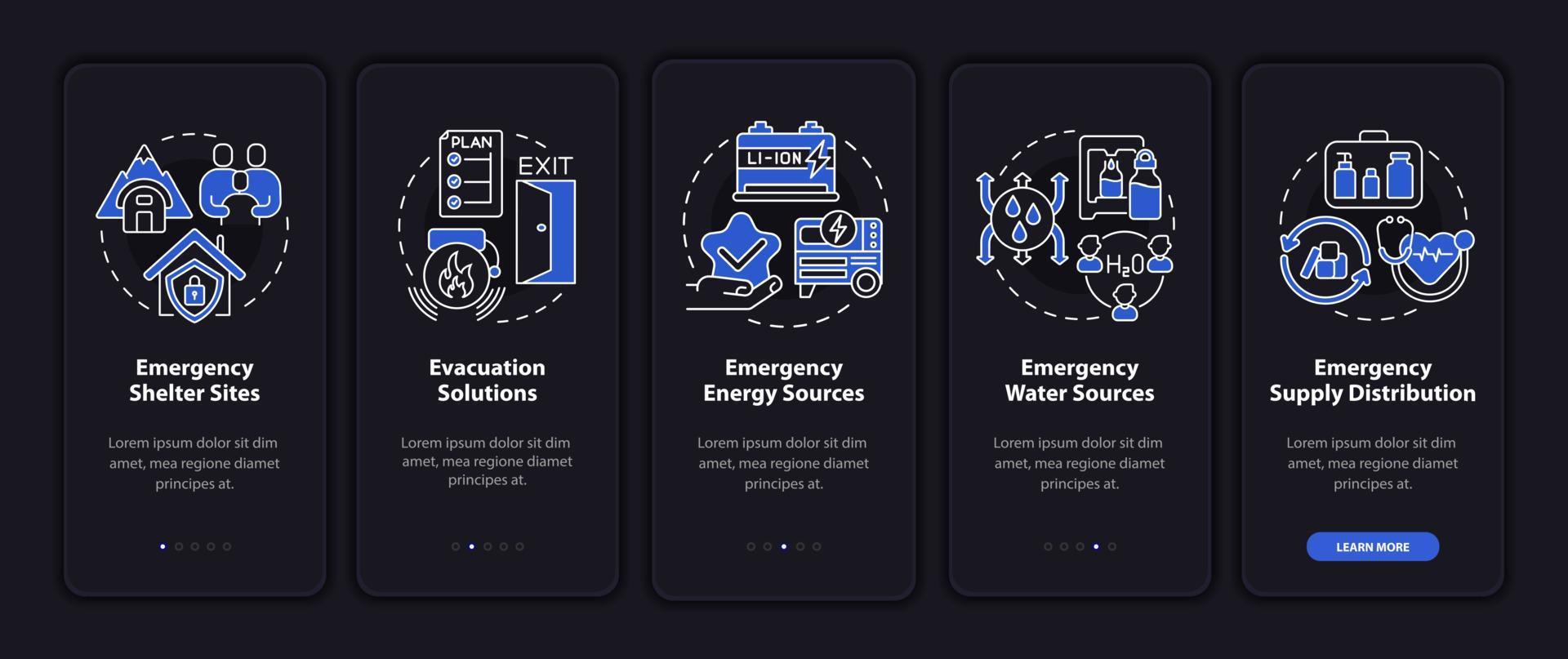 Emergency plan includes night mode onboarding mobile app screen. Service walkthrough 5 steps graphic instructions pages with linear concepts. UI, UX, GUI template. Myriad Pro-Bold, Regular fonts used vector