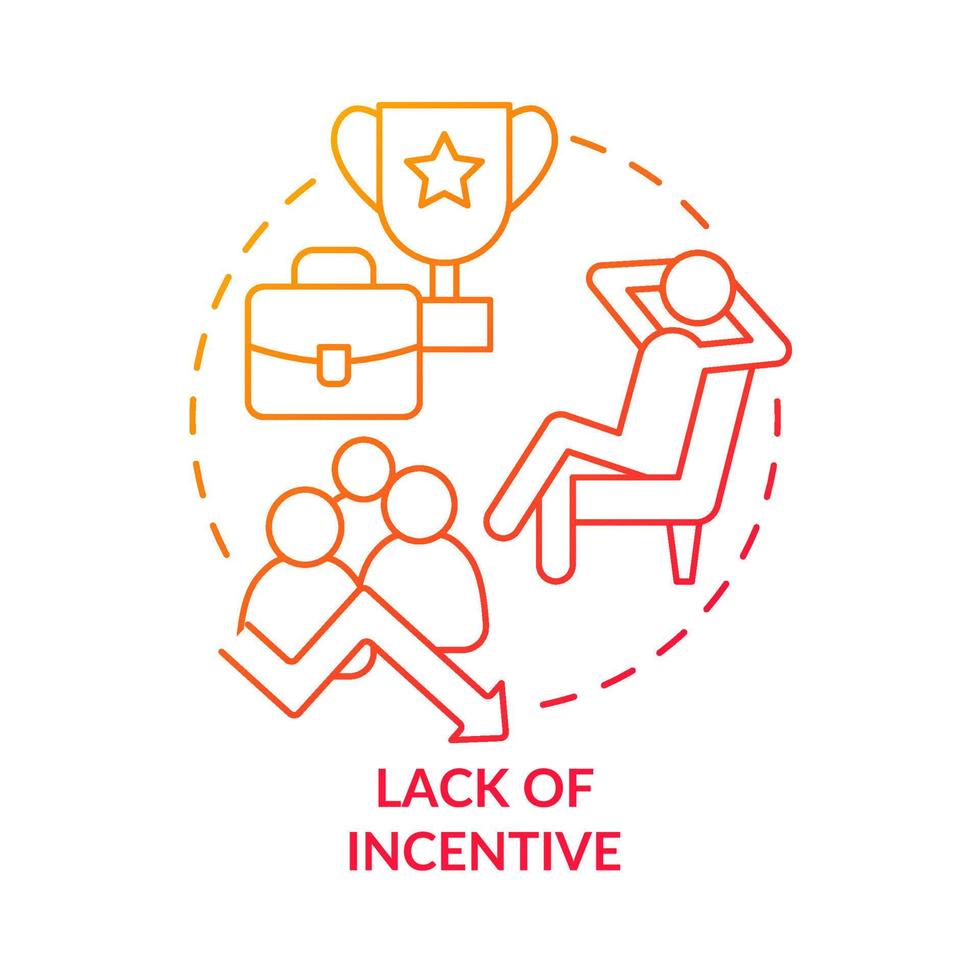 Lack of incentive red gradient concept icon. Unmotivated team members issues abstract idea thin line illustration. Isolated outline drawing. Roboto-Medium, Myriad Pro-Bold fonts used vector