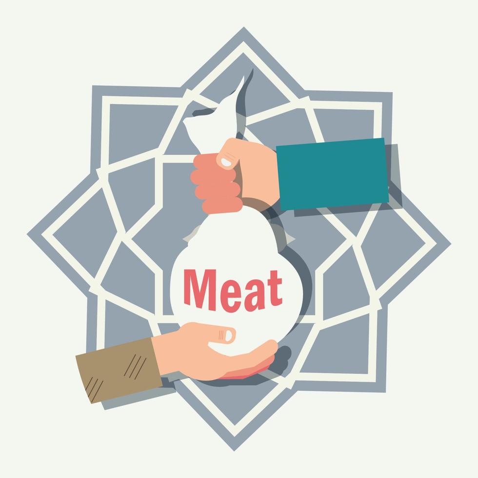 Hand giving meat to other hand. Alms eid al adha concept vector