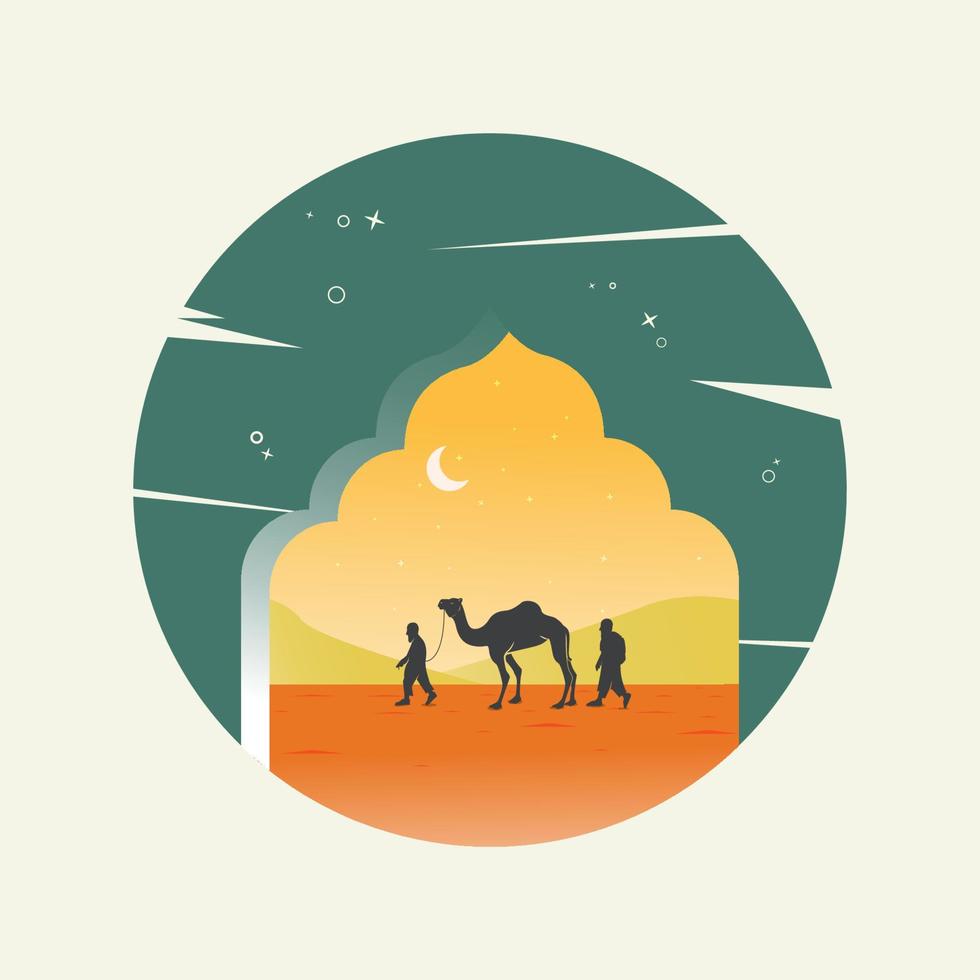 Muslim traveler, walking with camel vector