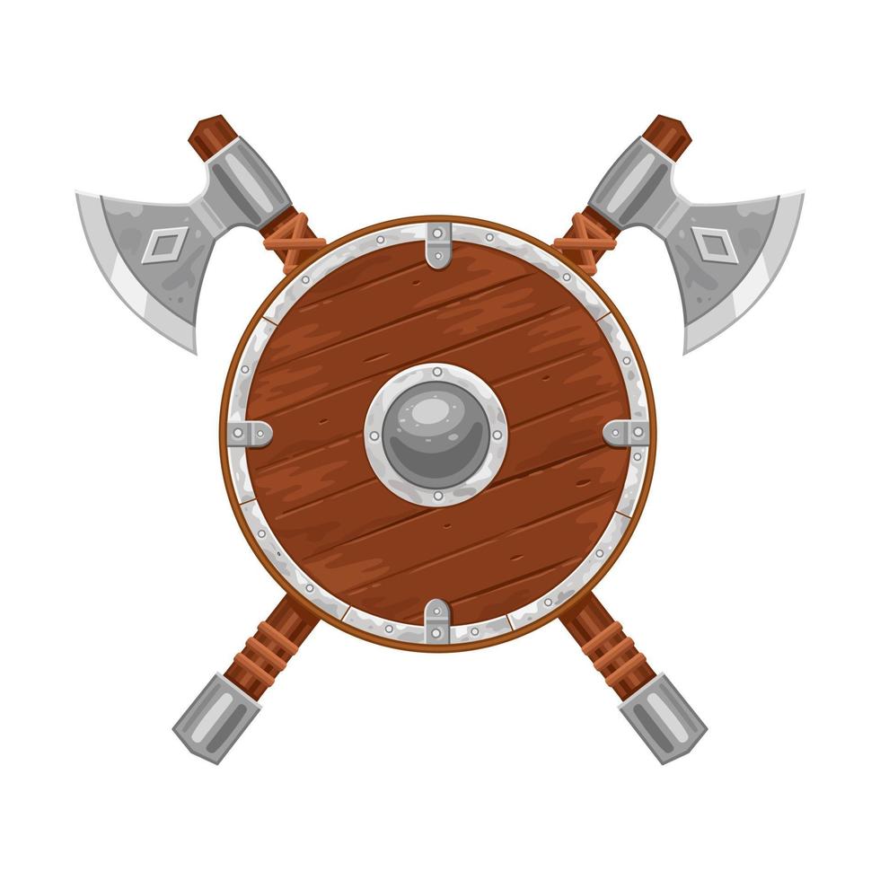 Two axes and viking shield isolated on white. Viking weapon. Vector illustration