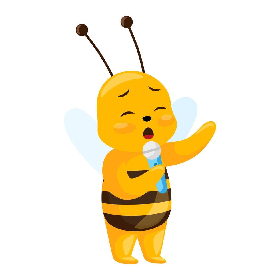 Cute bee signs isolated on white background. Smiling cartoon character performs with a microphone. vector