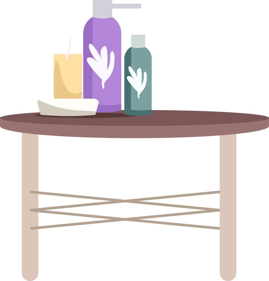 mesa de baja altura con botellas de cosméticos objeto vectorial de color semiplano vector