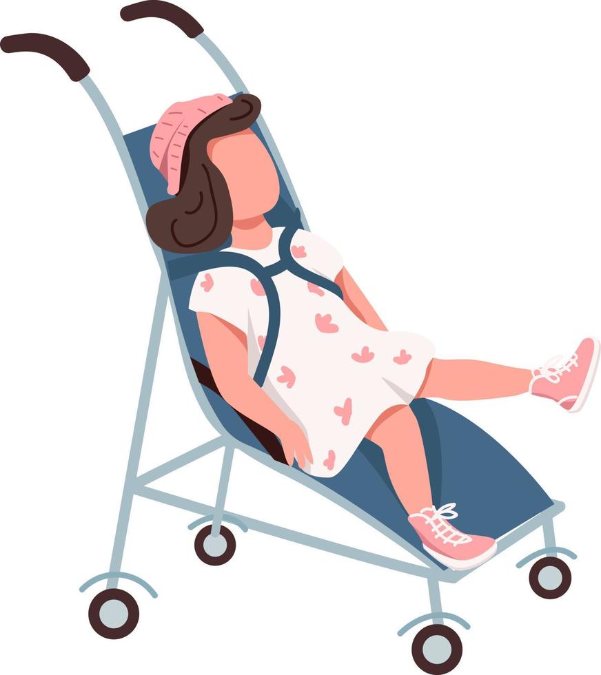 Little girl sitting in stroller toddler semi flat color vector character