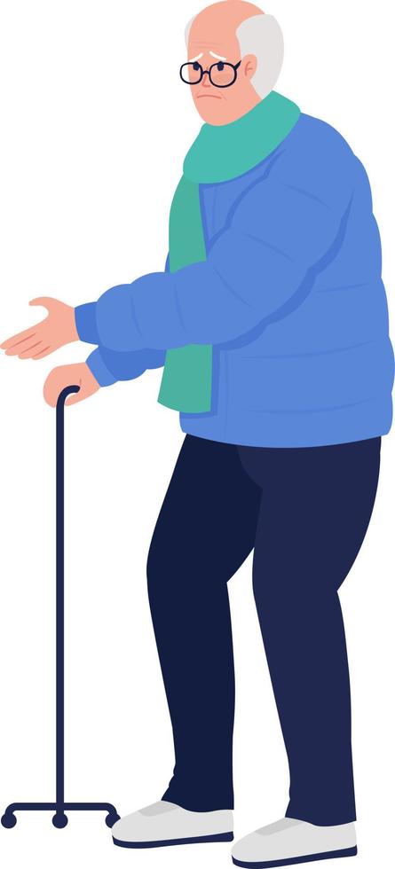 Sad senior man with tripod walking stick semi flat color vector character