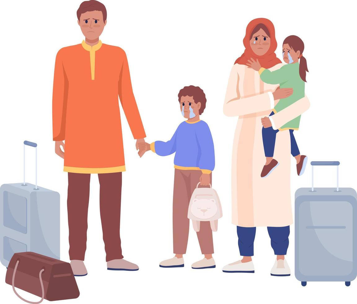 Fleeing family waiting for evacuation train semi flat color vector characters