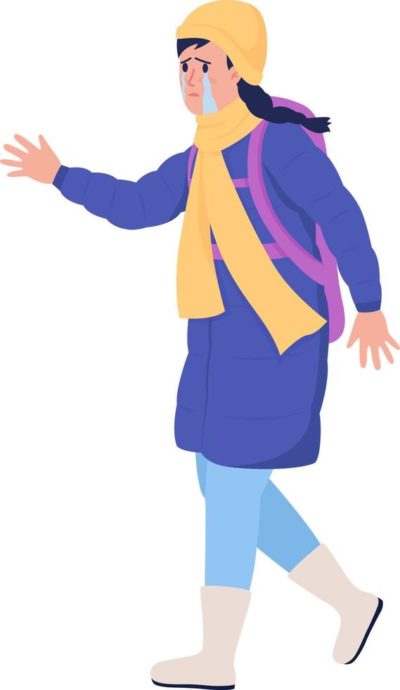 Refugee girl with tears running away from war semi flat color vector character